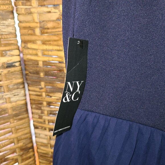 NWT NY&C Navy Blue Dress Drop Shoulder Sleeveless Pleated Wrap Skirt SZ L - Picture 3 of 9